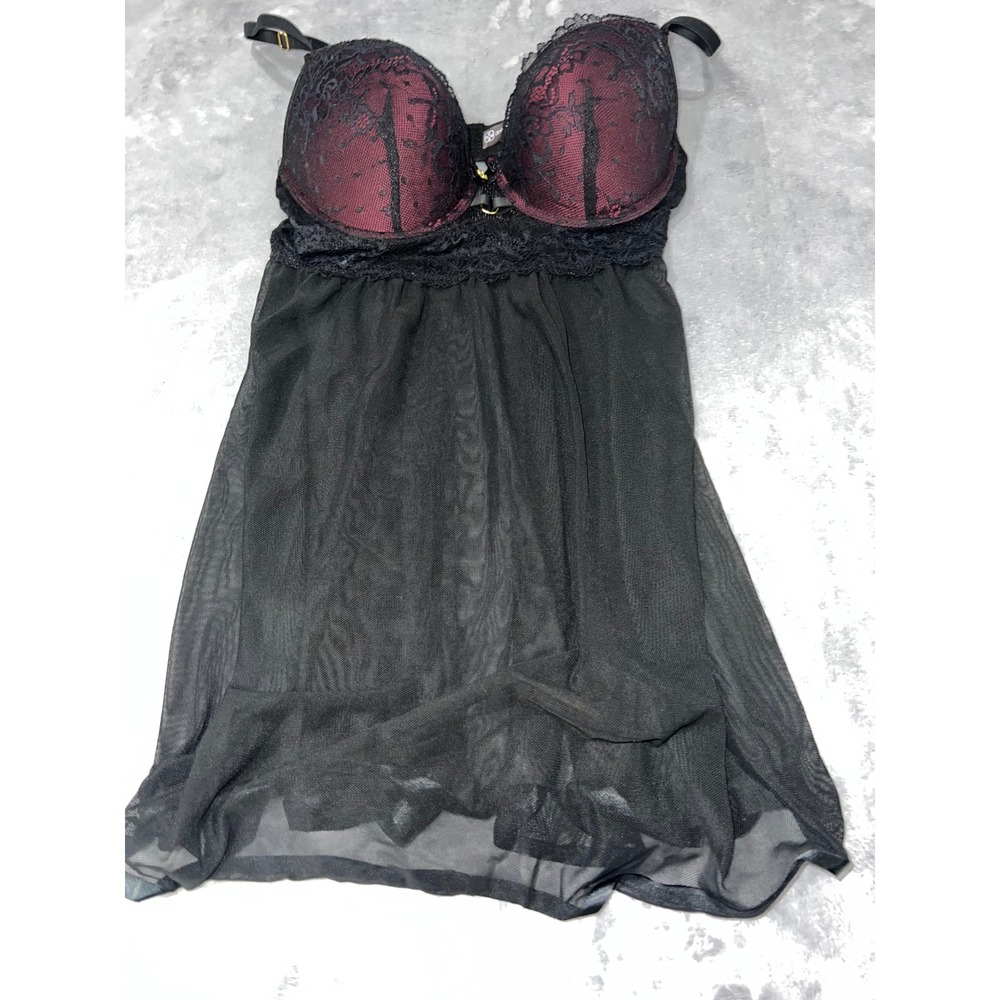 Daisy Fuentes Lace Babydoll Chemise Black Burgundy Underwire Mesh Lingerie M